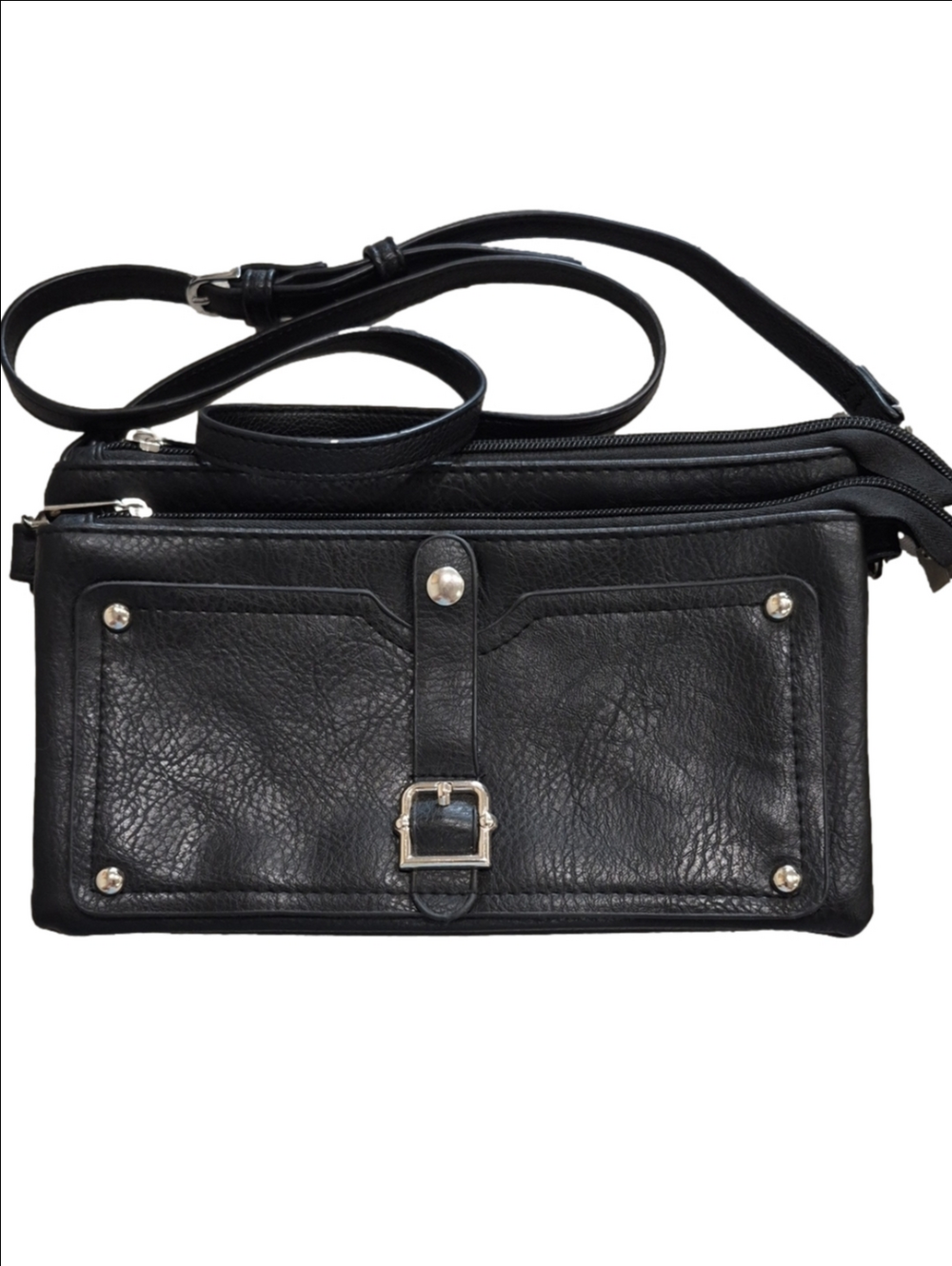 My Style Black Triple Zip Crossbody Bag Multi Pocket Organizer Messenger